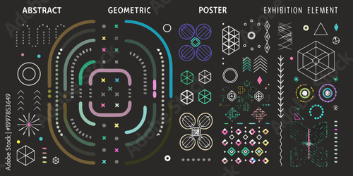 abstract geometric shapes and patterns on a dark teal background