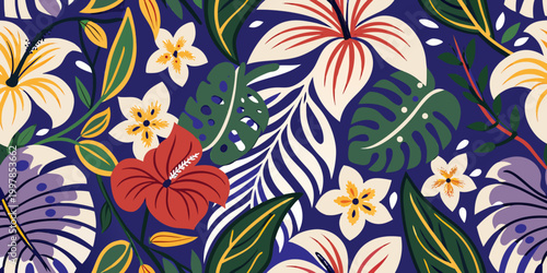 Tropical floral pattern vibrant hibiscus and monstera leaves dark background