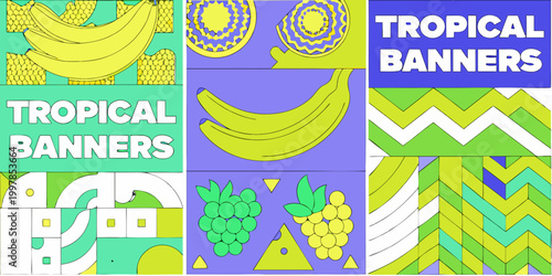 Tropical banners with fruits and geometric shapes memphis style