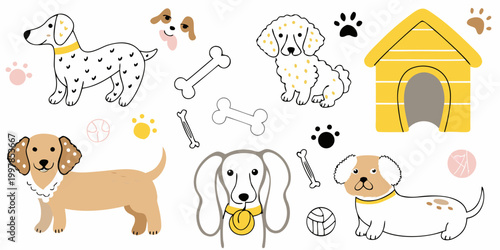 Cartoon dogs bones and dog house illustration set