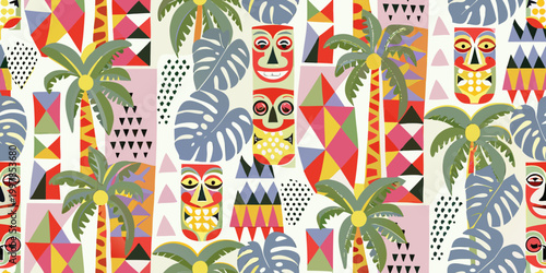 Tropical tiki mask pattern vibrant repeating illustration