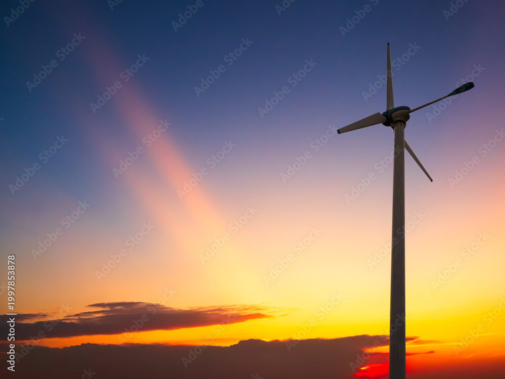 Obraz premium Wind mill power energy farm generator renewable sustainable field on suset, environment eco system technology industry ecology electricity power propeller turbine clean carbon.