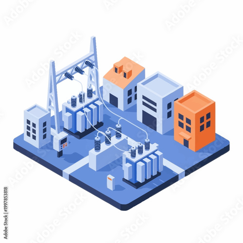 Electrical substation with transformers and buildings isometric view.