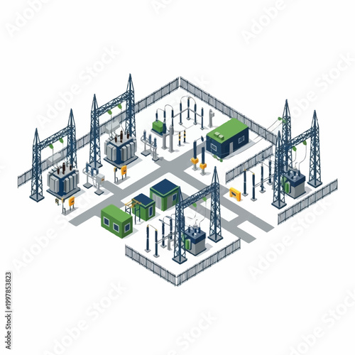 Electrical substation power distribution infrastructure isometric view.