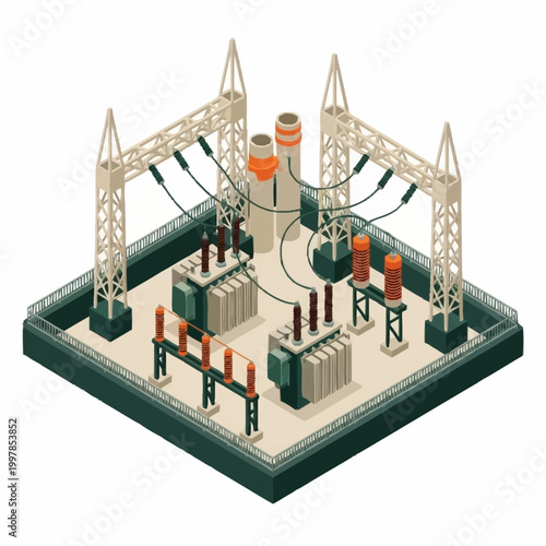 Electrical substation with transformers and power lines.