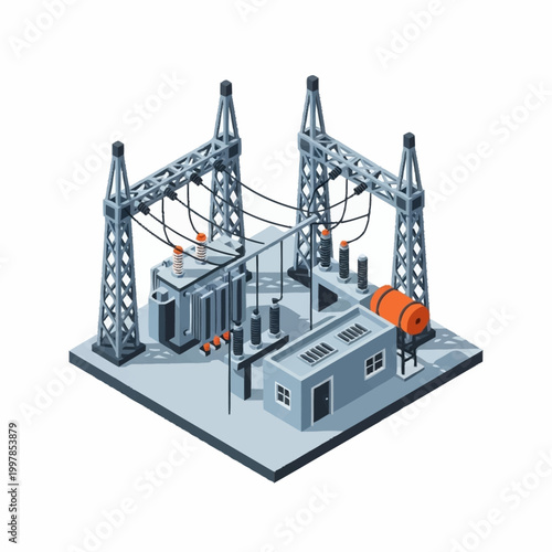 Electrical substation with transformers and power lines.