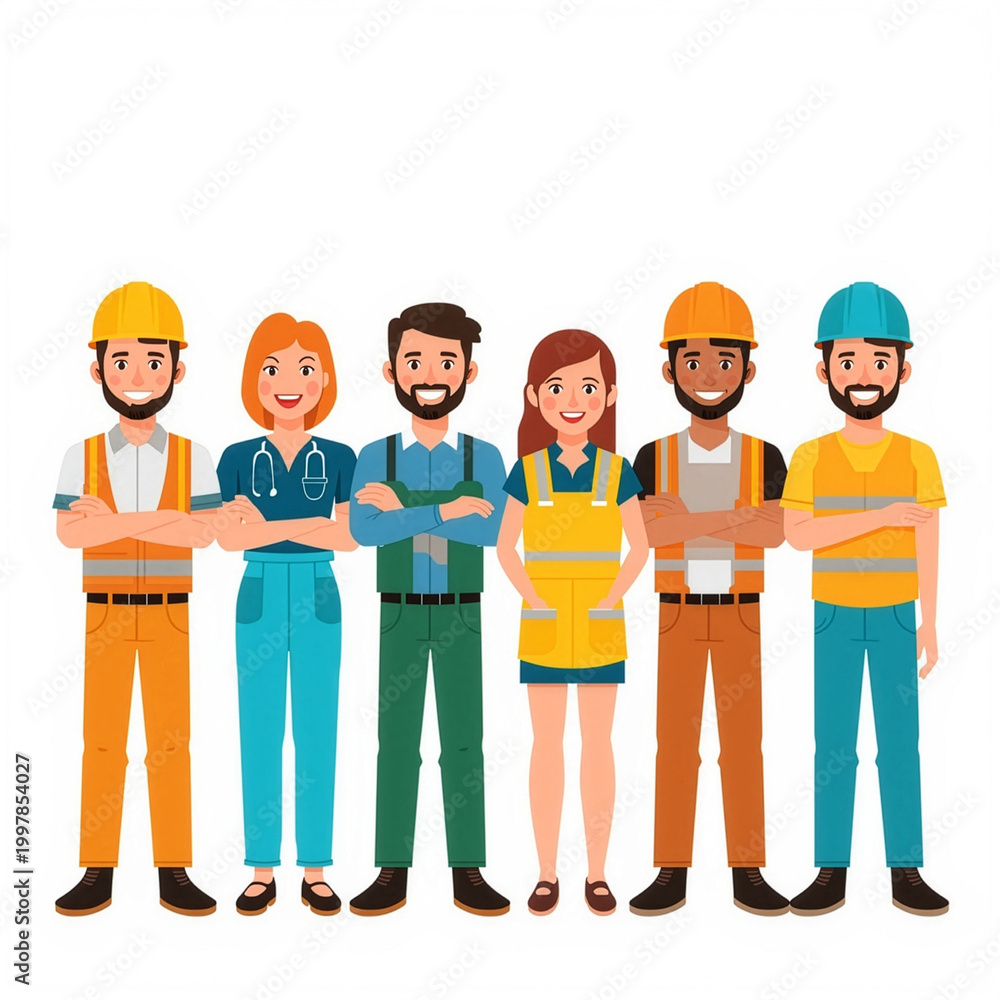 Obraz premium 2D Flat Illustration Diverse Workers Group Labor Day Celebration Colorful White Background