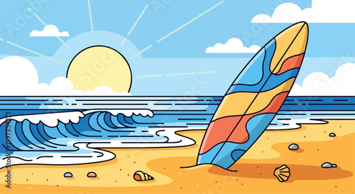 A surfboard on a sandy beach with waves and a sunset