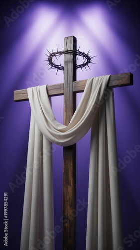 Christian cross with crown of thorns and white drape