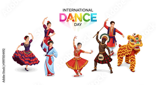 Celebrating International Dance Day, a vibrant vector illustration showcases diverse dancers in traditional attire, captured in dynamic poses against a clean white background, embodying