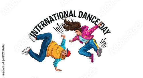 Dynamic vector illustration celebrating International Dance Day, showcasing two stylized dancers in motion, one performing hip hop and the other with ballet elements, set against a clean