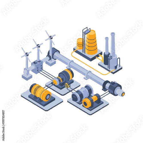 Industrial power generation system with wind turbines and machinery.