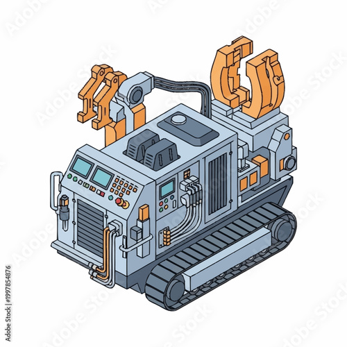Industrial Robotic Arm Vehicle with Tracks and Claws.