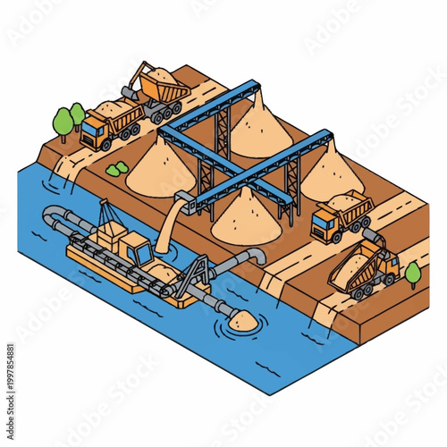 Industrial sand extraction and processing facility with heavy machinery.