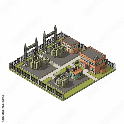Isometric power substation with transformers and buildings.