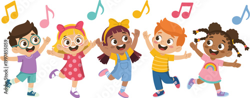 Kids dancing and jumping at party, group of happy cartoon children having fun and enjoying music together, lively celebration scene with boys and girls laughing, moving and dancing with musical notes,