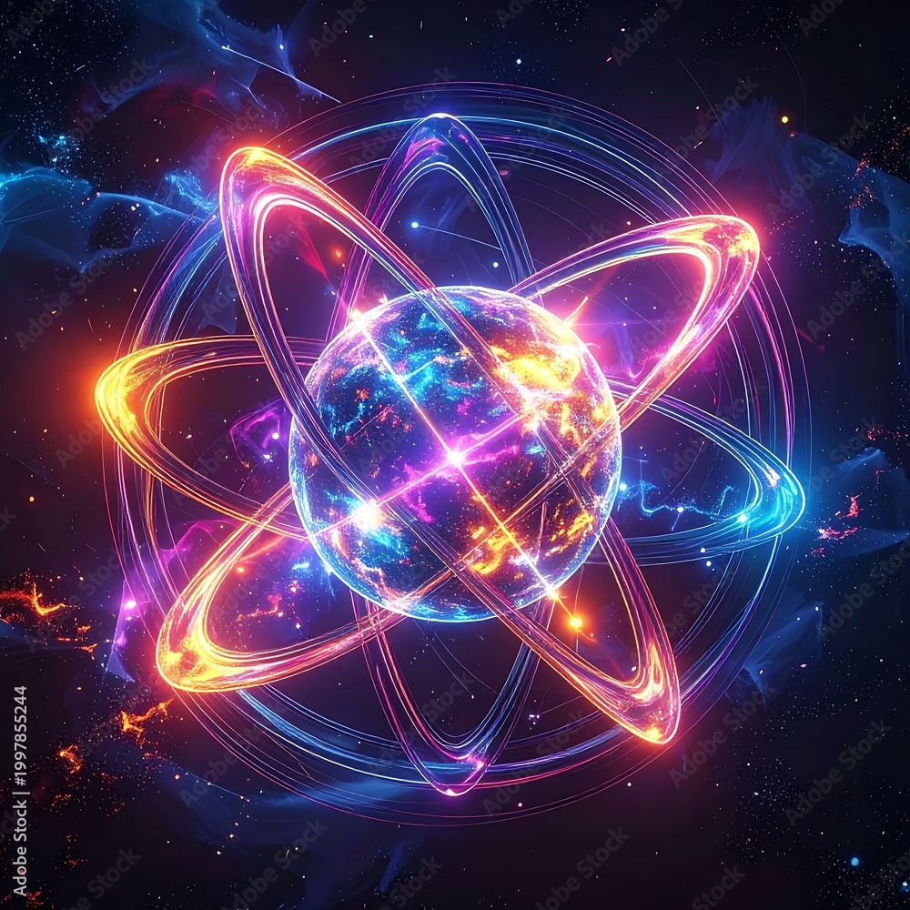 Obraz premium Vibrant atom with glowing colorful electrons orbiting a radiant core
