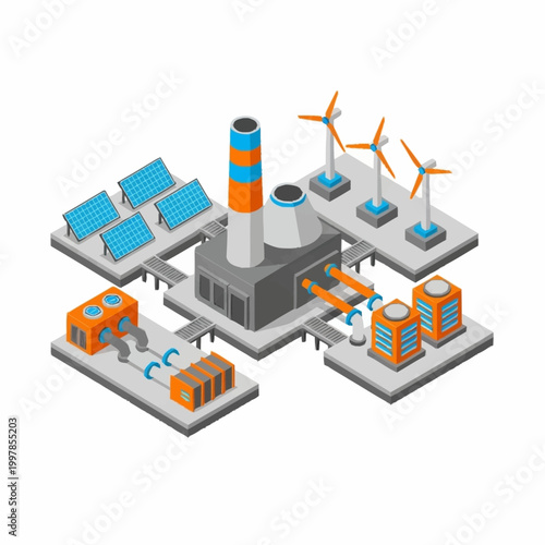 Modern industrial complex with renewable energy sources.
