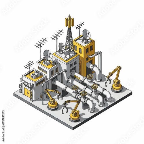 Modern industrial factory with robotic arms and communication tower.