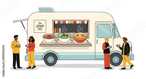 People eating soup from a food truck called The Soup Spot