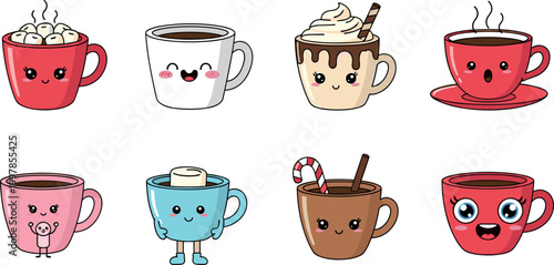 Cute coffee cup characters set with different drinks and expressions, kawaii mugs and hot beverages vector illustration collection