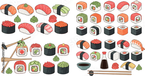 Japanese sushi collection with nigiri maki rolls chopsticks soy sauce and wasabi colorful food illustration set isolated
