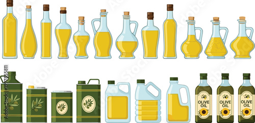 Olive Oil Bottles and Cans Vector Set with Glass Bottles, Metal Tins, Plastic Jugs and Olive Oil Containers for Cooking and Food Design