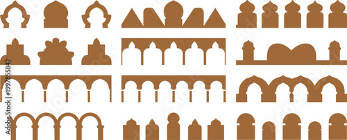 Old Arabian Saudi pattern decor, Islamic border with Morocco shapes, vector set of ornamental architectural Mughal and Middle Eastern crenellations and trims, silhouettes of palaces, mosques