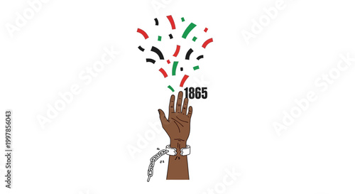 Juneteenth illustration of hand breaking chains with year 1865