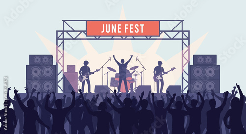 Rock band performing live on stage at an outdoor summer festival with a large cheering crowd.