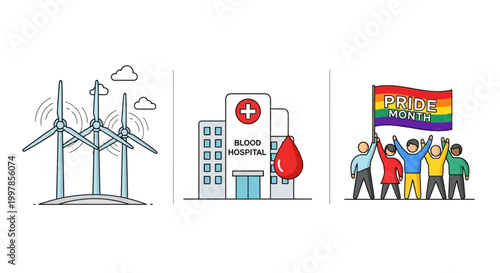 Illustration of wind turbines, blood donation hospital, and pride month celebration