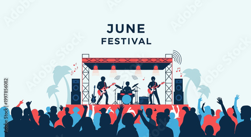 Band performing on stage at a June festival with a cheering crowd