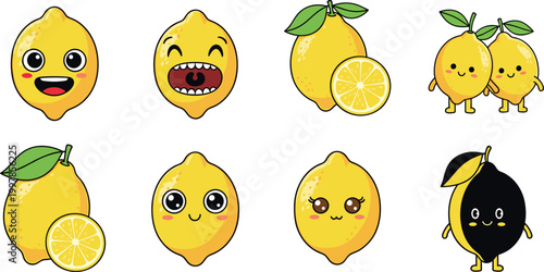 Lemon characters collection with whole and sliced citrus fruits, cute kawaii mascots vector illustration set for fresh summer design