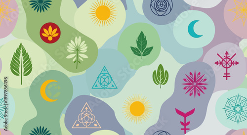 Esoteric Symbols Pattern: Moon, Sun, Leaves, Flowers, Alchemy Icons