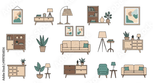 Vector set of modern furniture and home decor icons featuring sofas, armchairs, wooden cabinets, bookshelves, floor lamps, potted plants, and framed art in a minimalist flat line design.