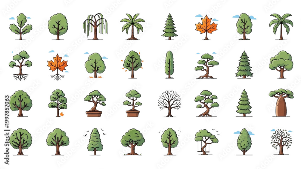 Obraz premium Diverse Greenery Collection: A vibrant assortment of various tree species and forms, showcasing the rich diversity of nature's botanical designs. 