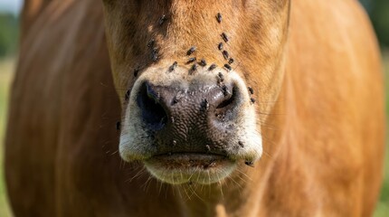 Closeup photograph of brown dairy cow mouth swarmed by flies