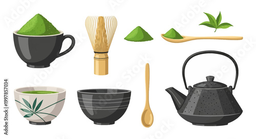 Vector illustration set of matcha green tea elements including bamboo whisk, cast iron teapot, ceramic bowls, wooden spoons, green tea leaves, and powder piles on white background.