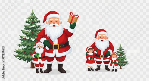 Cartoon illustration of Santa Claus holding a gift box next to a small Santa figure and a separate scene featuring Santa with two children in red holiday outfits by decorated Christmas trees.