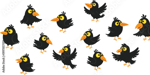 Cute black bird character set with different poses and expressions, cartoon crow or raven collection, playful vector illustration for mascot and design use
