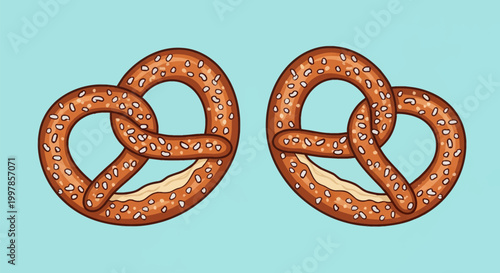 A pair of golden brown soft pretzels topped with sea salt crystals, isolated on a light blue background. Detailed vector illustration of traditional German bakery snack food items.