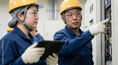 Naklejka 電気工事士の日本人ベテラン男性と女性進出を進める若手女性が配電盤を点検する様子、DX化された現場でタブレットを活用し若手育成を行う屋内作業風景