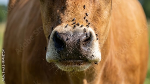 Closeup photograph of brown dairy cow mouth swarmed by flies