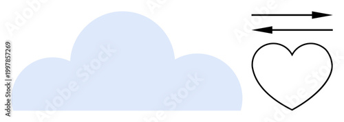 Communication, connection, love, data sharing, relationships, technology concepts. A blue cloud and a heart in black outline with two arrows. Communication and connection concept