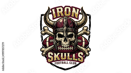 Viking Skull with Helmet and Crossed Bones Mascot Logo for Football Club Named Iron Skulls