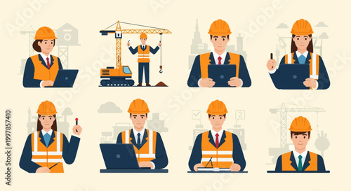 Flat vector illustration set of male and female construction engineers and architects wearing orange hard hats and safety vests while using laptops and tablets at a building site