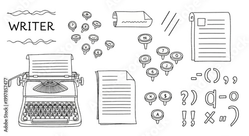 Black and white hand-drawn vector set featuring a vintage manual typewriter with paper, typewriter keys, manuscript pages, and punctuation marks for writing and literature themes.