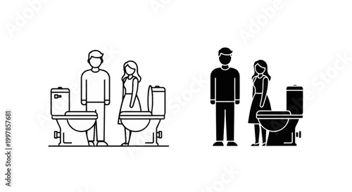 Set of vector icons depicting a man and a woman standing next to a toilet bowl, presented in outline and solid black silhouette styles. Minimalist graphic design for restroom signage.