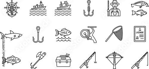Fishing line icons set with boat anchor hooks rods fish net tackle box and fisherman outline vector collection