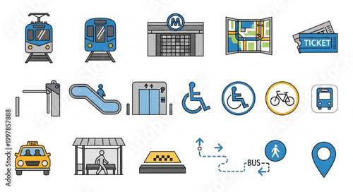 Public Transportation Icons Collection - Train, Bus, Taxi, and Station Elements.